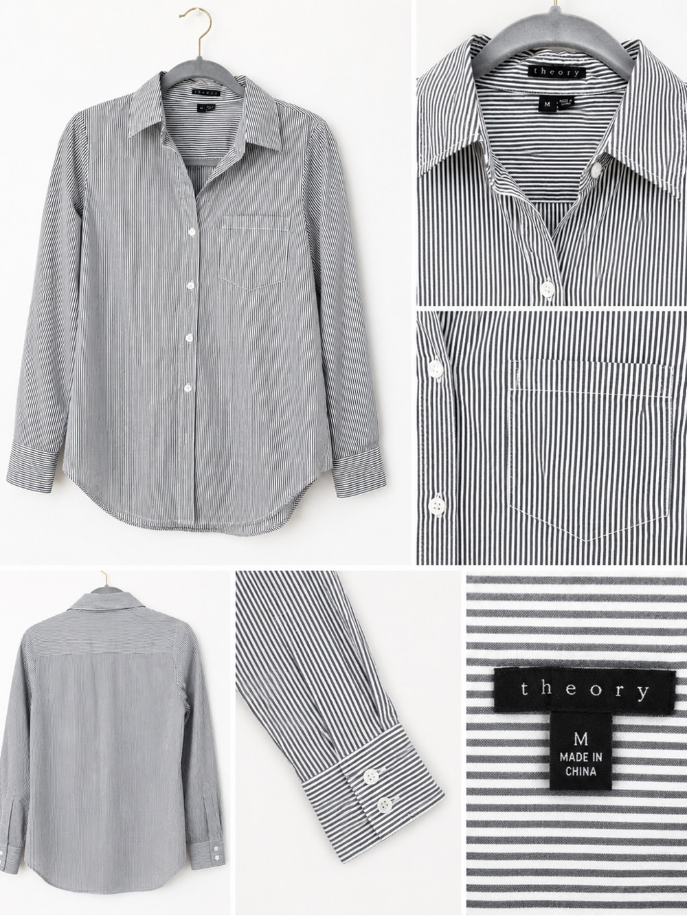 Theory Gray White Striped Button Down Shirt Size M